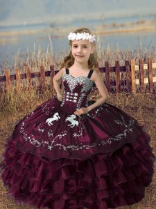Burgundy Lace Up Straps Embroidery and Ruffled Layers Kids Pageant Dress Organza Sleeveless