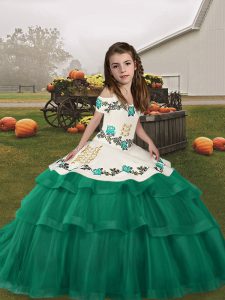 Turquoise Straps Lace Up Embroidery and Ruffled Layers Little Girl Pageant Gowns Sleeveless