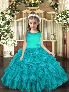 Best Aqua Blue Organza Lace Up Scoop Sleeveless Floor Length Pageant Dress for Girls Ruffles