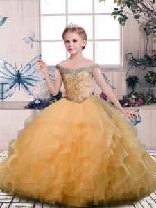 Gold Sleeveless Beading and Ruffles Floor Length Little Girls Pageant Dress Wholesale