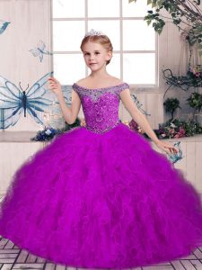 Off The Shoulder Sleeveless Pageant Gowns For Girls Floor Length Beading and Ruffles Purple Tulle