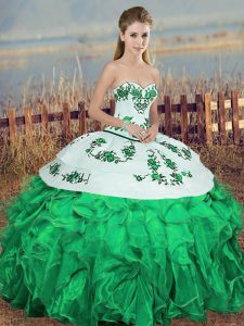 Elegant Sleeveless Organza Floor Length Lace Up Sweet 16 Quinceanera Dress in Green with Embroidery and Ruffles and Bowknot