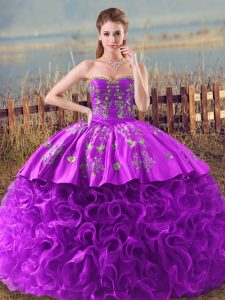 Amazing Eggplant Purple and Purple Lace Up Sweetheart Embroidery and Ruffles 15th Birthday Dress Fabric With Rolling Flowers Sleeveless Brush Train
