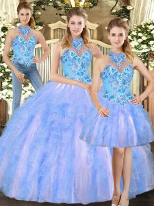 Sleeveless Floor Length Embroidery Lace Up Sweet 16 Quinceanera Dress with Multi-color