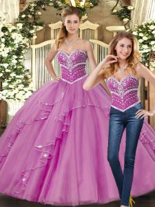 Lilac Ball Gowns Sweetheart Sleeveless Tulle Floor Length Lace Up Beading Quinceanera Gown