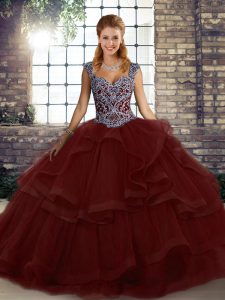 Burgundy Ball Gowns Beading and Ruffles Sweet 16 Dresses Lace Up Tulle Sleeveless Floor Length