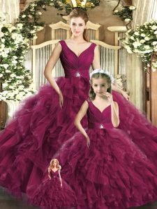 Traditional Ball Gowns 15 Quinceanera Dress Burgundy V-neck Tulle Sleeveless Floor Length Backless