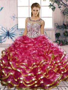 Cute Sleeveless Organza Floor Length Lace Up Quinceanera Gowns in Fuchsia with Beading and Ruffles