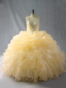 Hot Selling Floor Length Zipper Quinceanera Dress Gold for Sweet 16 and Quinceanera with Beading and Ruffles