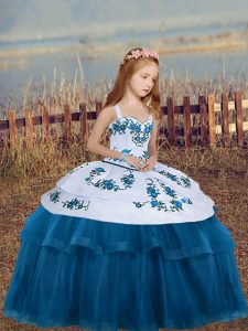 Floor Length Blue Girls Pageant Dresses Tulle Sleeveless Embroidery