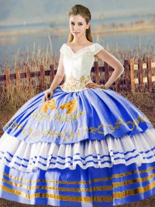 Custom Design Blue And White V-neck Lace Up Embroidery and Ruffled Layers Quinceanera Dresses Sleeveless