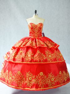High Quality Satin and Organza Sweetheart Sleeveless Lace Up Embroidery and Ruffled Layers Quinceanera Dress in Red