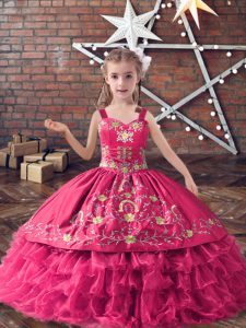 Modern Hot Pink Sleeveless Floor Length Embroidery and Ruffled Layers Lace Up Little Girl Pageant Gowns