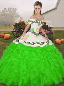 Floor Length Green Quinceanera Dress Organza Sleeveless Embroidery and Ruffles