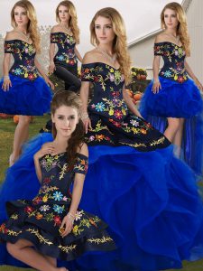 Modern Royal Blue Sleeveless Embroidery and Ruffles Floor Length Quince Ball Gowns