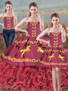 Inexpensive Burgundy Sleeveless Floor Length Embroidery and Ruffles Lace Up 15th Birthday Dress