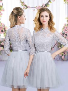Eye-catching Mini Length Zipper Vestidos de Damas Grey for Wedding Party with Lace and Belt