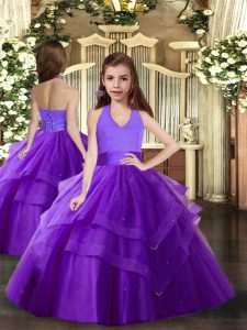 Admirable Floor Length Ball Gowns Sleeveless Purple Child Pageant Dress Lace Up