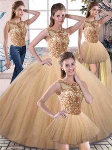 Gorgeous Gold Lace Up Scoop Beading Quince Ball Gowns Tulle Sleeveless