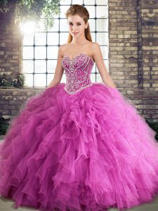 Rose Pink Lace Up Sweetheart Beading and Ruffles Vestidos de Quinceanera Tulle Sleeveless