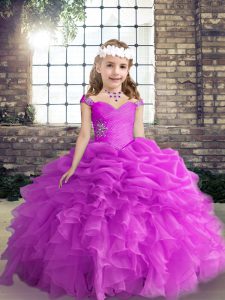 Discount Organza Straps Sleeveless Lace Up Beading and Ruffles and Pick Ups Girls Pageant Dresses in Fuchsia