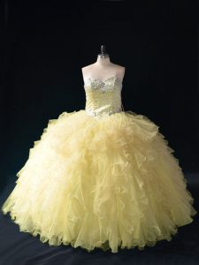 Luxury Gold Tulle Lace Up Sweetheart Sleeveless Floor Length Quinceanera Dresses Ruffles