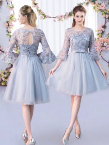 Lace and Belt Dama Dress for Quinceanera Grey Lace Up 3 4 Length Sleeve Knee Length