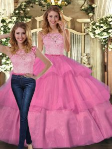 Superior Floor Length Two Pieces Sleeveless Hot Pink Quinceanera Gowns Lace Up