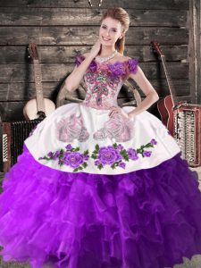 Custom Design Purple Organza Lace Up Off The Shoulder Sleeveless Floor Length Quinceanera Dress Embroidery