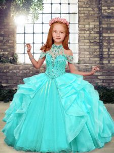 Cheap Aqua Blue Sleeveless Floor Length Beading and Ruffles Lace Up Kids Pageant Dress