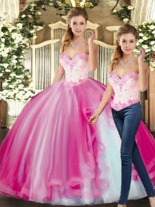 New Style Fuchsia Lace Up Quince Ball Gowns Beading Sleeveless Floor Length