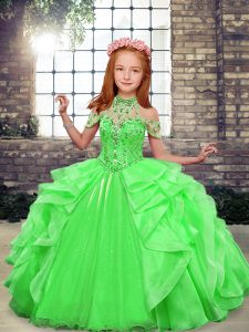 Elegant Floor Length Lace Up Girls Pageant Dresses Green for Party and Military Ball and Wedding Party with Beading