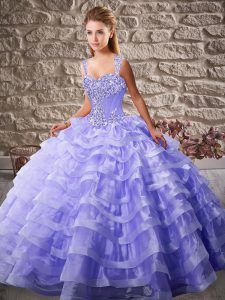 Lavender Organza Lace Up Straps Sleeveless 15 Quinceanera Dress Court Train Beading and Ruffled Layers