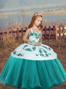 Sleeveless Lace Up Floor Length Embroidery Kids Formal Wear