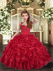 Red Straps Neckline Ruffles Pageant Dress Womens Sleeveless Lace Up