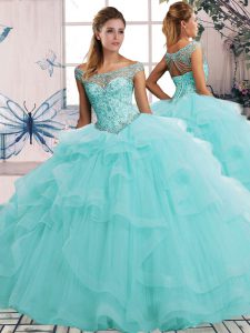 Exceptional Aqua Blue Ball Gowns Off The Shoulder Sleeveless Tulle Floor Length Lace Up Beading and Ruffles Ball Gown Prom Dress