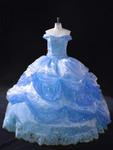 Beading and Appliques Quinceanera Gown Blue Lace Up Sleeveless Floor Length
