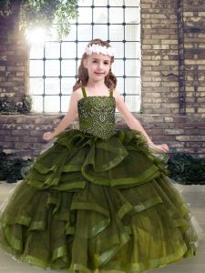 Inexpensive Floor Length Olive Green Kids Pageant Dress Tulle Sleeveless Beading and Ruffles