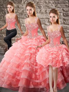 Designer Straps Sleeveless Organza Sweet 16 Dress Beading and Ruffled Layers Court Train Lace Up