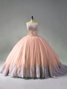 Sleeveless Tulle Court Train Lace Up Quinceanera Gown in Peach with Beading and Appliques