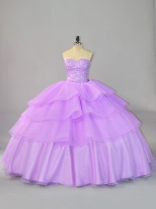 Eye-catching Lavender Lace Up Quinceanera Gown Beading and Ruffled Layers Sleeveless