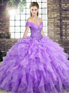Lavender Organza Lace Up Off The Shoulder Sleeveless Quinceanera Dresses Brush Train Beading and Ruffles
