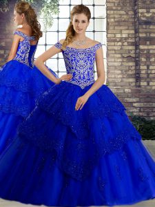 Off The Shoulder Sleeveless Quinceanera Gowns Brush Train Beading and Lace Royal Blue Tulle