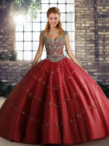 Popular Floor Length Lace Up Sweet 16 Quinceanera Dress Wine Red for Military Ball and Sweet 16 and Quinceanera with Beading and Appliques