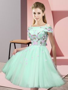 Dynamic Apple Green Short Sleeves Tulle Lace Up Court Dresses for Sweet 16 for Wedding Party