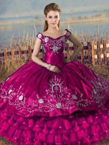 Cute Fuchsia Sleeveless Satin and Organza Lace Up Teens Party Dress for Sweet 16 and Quinceanera