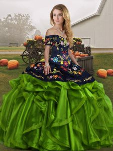 Fashionable Off The Shoulder Sleeveless Party Dress for Toddlers Floor Length Embroidery and Ruffles Green Organza