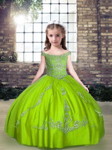 Eye-catching Off The Shoulder Sleeveless Little Girls Pageant Dress Wholesale Floor Length Beading Tulle