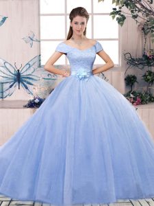 Custom Design Lavender Ball Gowns Off The Shoulder Short Sleeves Tulle Floor Length Lace Up Lace and Hand Made Flower 15 Quinceanera Dress