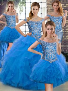 Dynamic Off The Shoulder Sleeveless Tulle Quinceanera Gown Beading and Ruffles Brush Train Lace Up